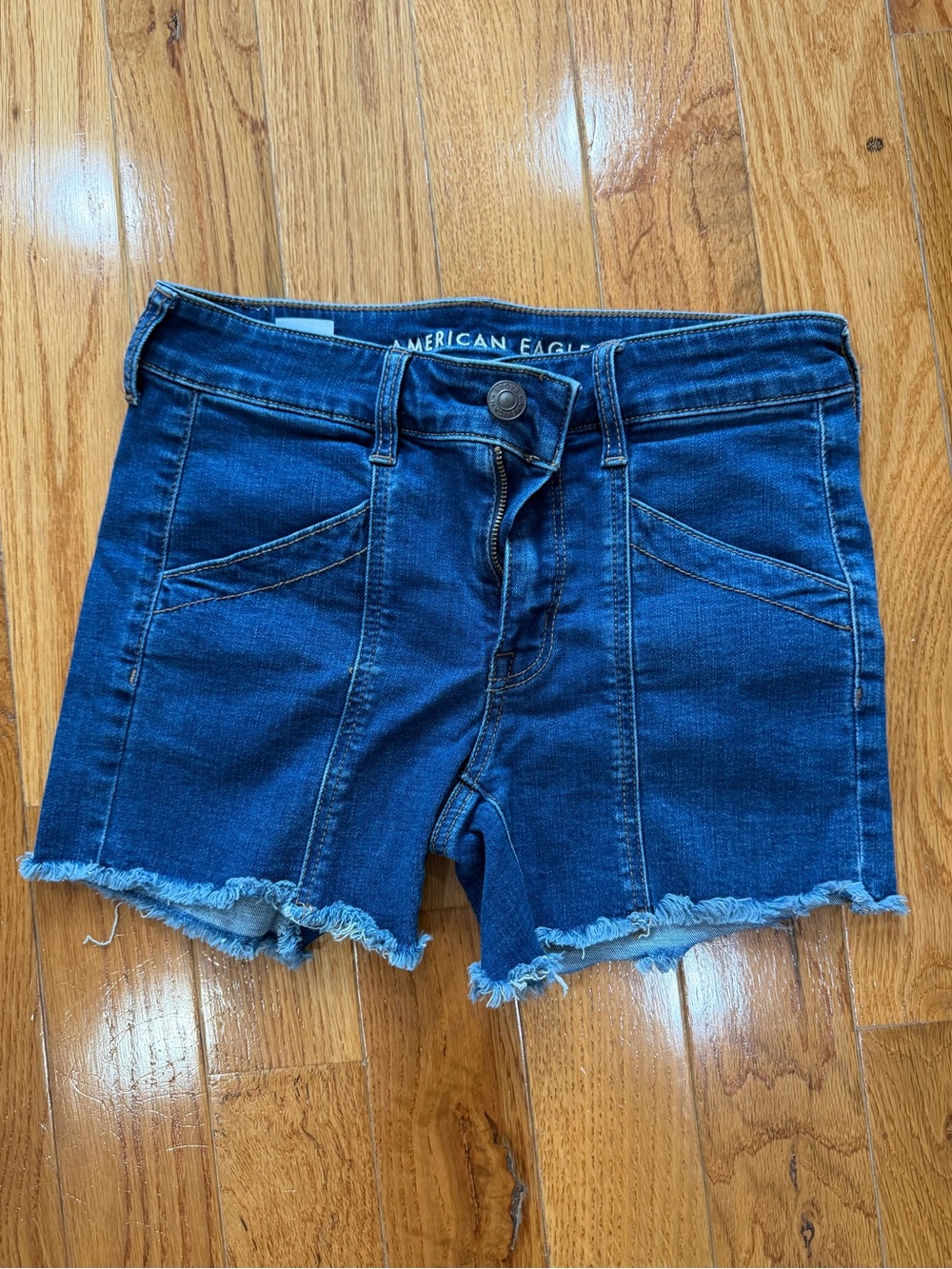 American Eagle Outfitters Dark Blue Denim Frayed Hem Women's Jean Shorts